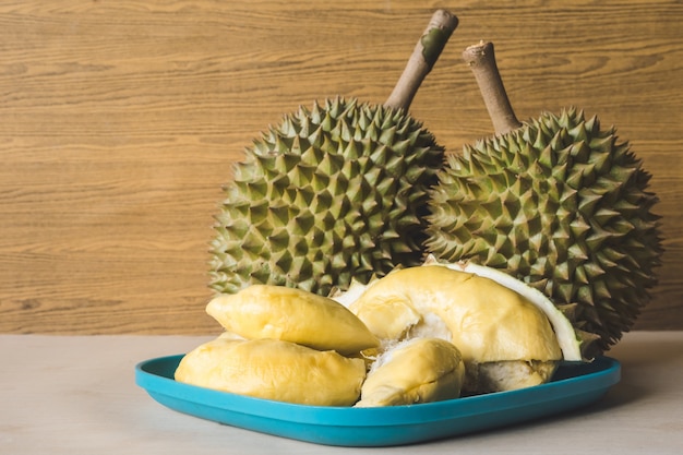 King of fruits, Durian on wooden background.
