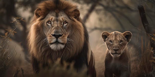 Король и его наследник Большой лев и детеныш в величественной фронтальной фотографии Генеративный AI
