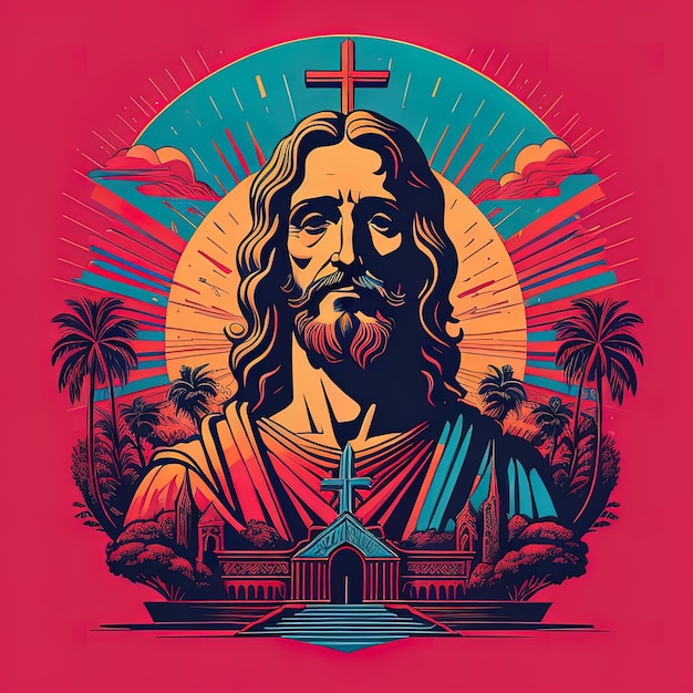 King Jesus Christ colorful vector art illustration tshirt design
