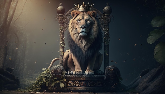 King Lion sitting on throne with crown in jungle lions Ai generated ar