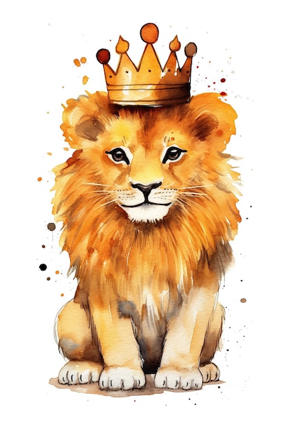 King Lion watercolor clipart cute isolated on white background with Generative AI