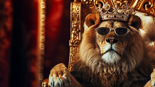 King lion with crown and sunglasses sitting on a throne closeup AI Generative