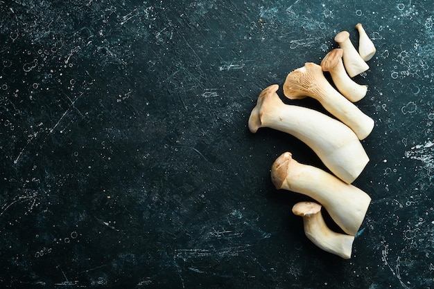 King Oyster mushroom or Eringi on a black stone background Mushrooms Top view Organic food