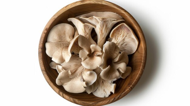 Photo king oyster mushroom or eringi in wooden bowl isolated on white background with clipping path