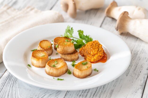 King oyster mushroom scallops white plate