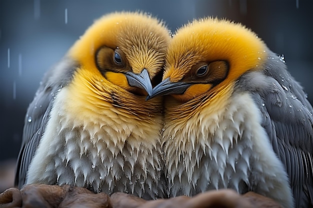 野生の自然の中で寄り添うオウサマペンギンのカップル