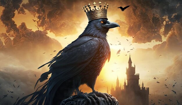 The King of royal black crow standing out between other crows black bird nature animal Generative AI