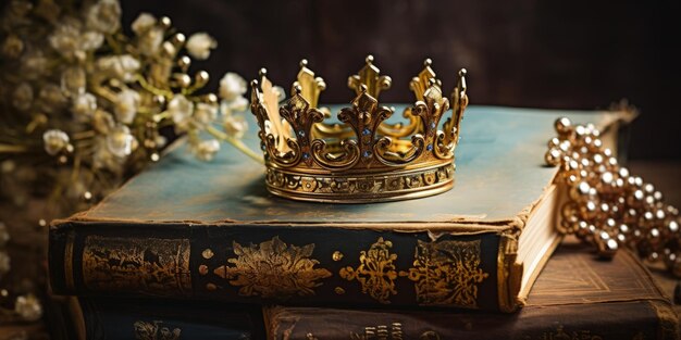Корона короля над книгой средневековая эпоха и фантастика концепция генеративный ИИ