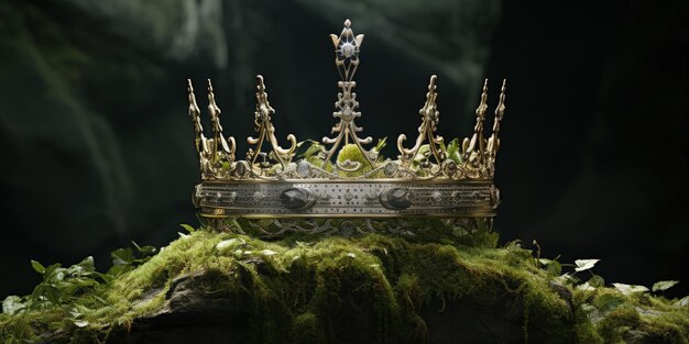 King's crown on rock covered with moss in forest Generative AI