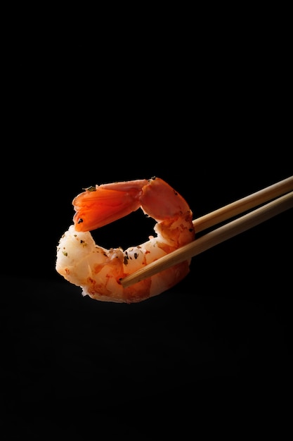 King shrimp on fork. Close up.