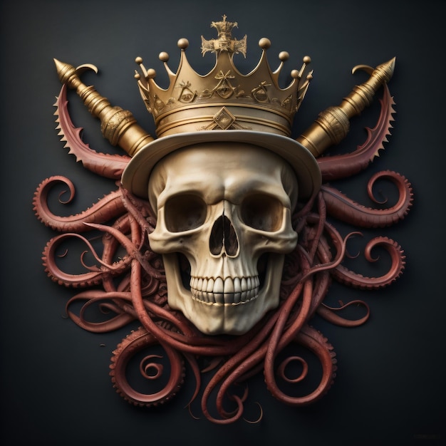 Иллюстрация черепа короля с осьминогом на сплошном фоне для дизайна печати футболки или татуировки