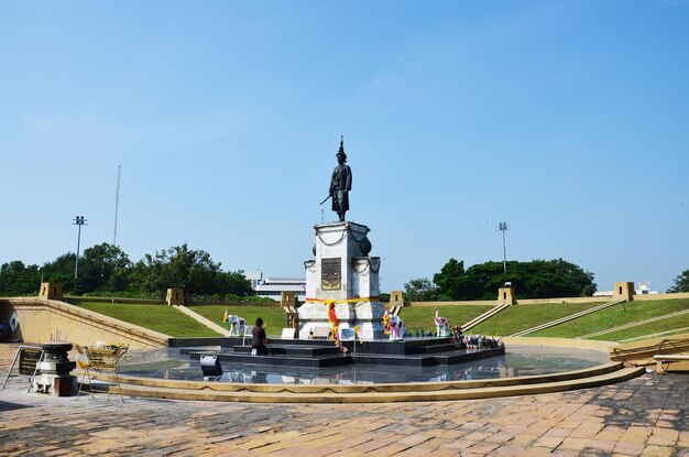 King Somdet Phra Narai Maharat the Great Statue or Ramathibodi III monument at roundabout for thai people travelers travel visit respect praying at Lopburi city on January 8 2011 in Lopburi Thailand