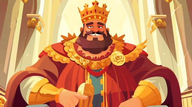 왕국 만화 랜딩 페이지 궁전의 왕 중세 왕족 캐릭터 미소 짓는 한 군주, 황금 왕관과 고급스러운 옷을 입은 사람, 왕좌 방에서 동화 게임 캐릭터, 현대 웹