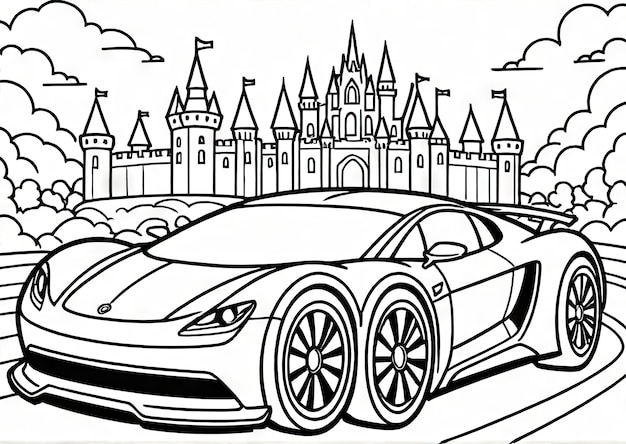 スーパーフューチュリスティックな車と城の背景の王国ドライブAIGeneratedカラーページ