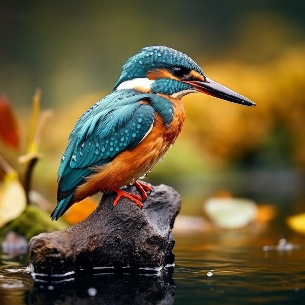 kingfisher alcedo atthis the bird sits above a shallow river on a old branch