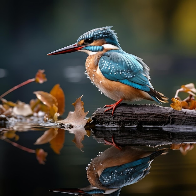 Photo kingfisher alcedo atthis the bird sits above a shallow river on a old branch