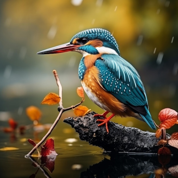 kingfisher alcedo atthis the bird sits above a shallow river on a old branch