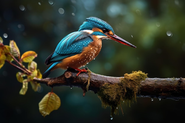 Kingfisher Alcedo zit hier op een tak in de regen een gewone Kingfischer Alcedo zit daar op een tak AI gegenereerd