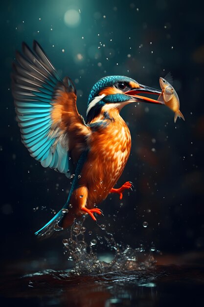 カワセミ鳥が水上で魚を捕まえる映画の写真