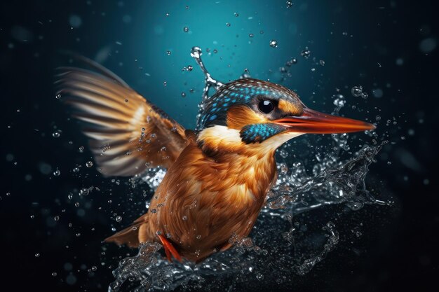 A kingfisher flying on a blue background with Ai Generated