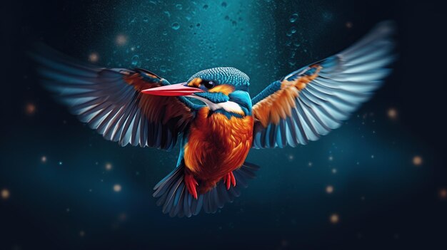 Фото Зимородок летит под дождем над озером, генеративный ии