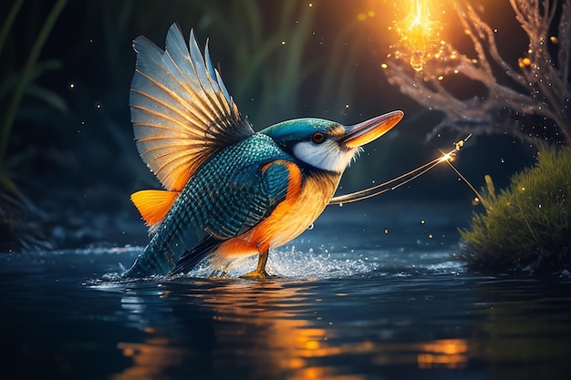 kingfisher hunting fish in the rain ai image