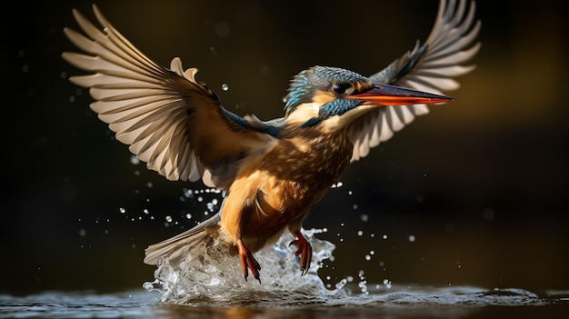 Photo kingfisher jumping in water on dark background with splashes and drops