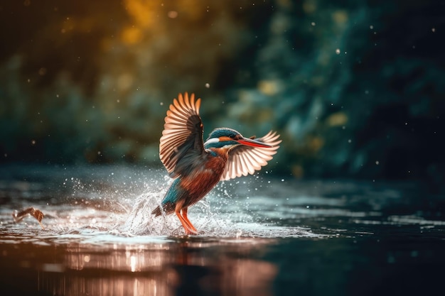 kingfisher plunging into a river to catch its prey on a pleasant spring breeze