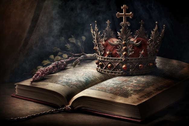 Королевская корона и Библия на мрачном фоне