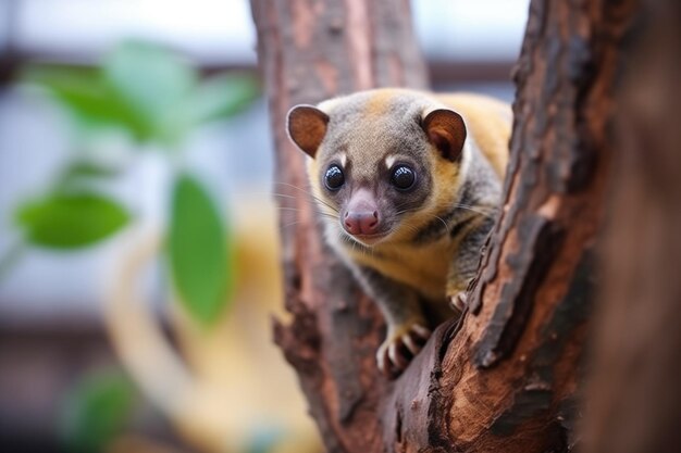 Kinkajou gecamoufleerd tussen tropische boomborsten