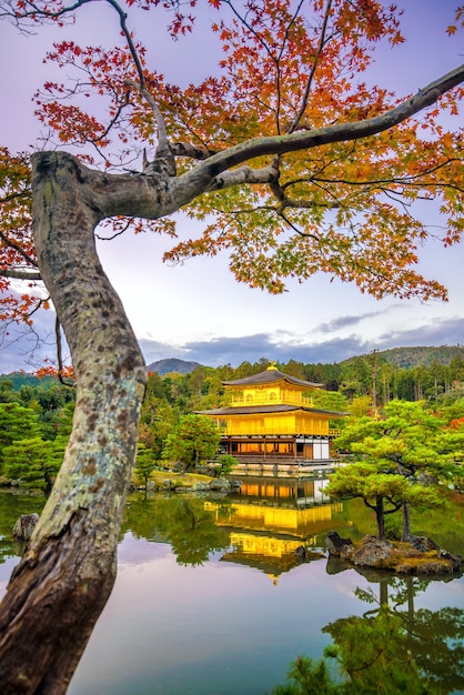 Tempio kinkakuji a kyoto, giappone in autunno al tramonto