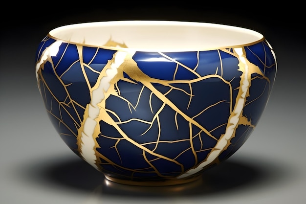 ひび割れのある金継ぎ食器 茶碗 食器 陶磁器 日本の食器修復技術 不完全な美しさ 金のライン 侘び寂びの哲学 ジェネレーティブAI