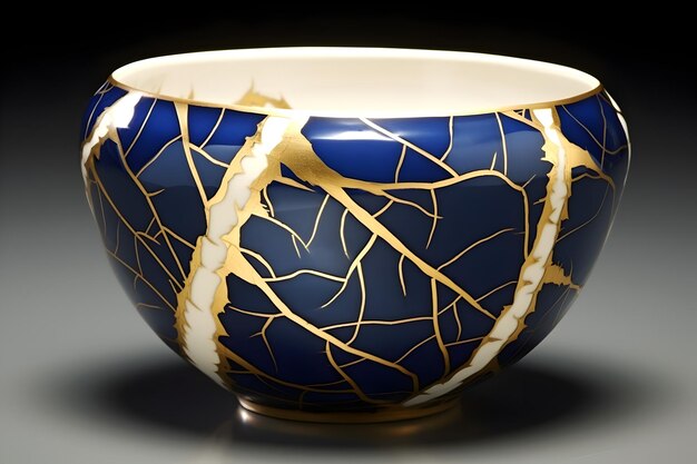 Kintsugi crockery with cracks bowl tablware ceramics Japanese technique of tableware restoration Beauty of imperfection Gold lines Wabi Sabi philosophy Generative AI