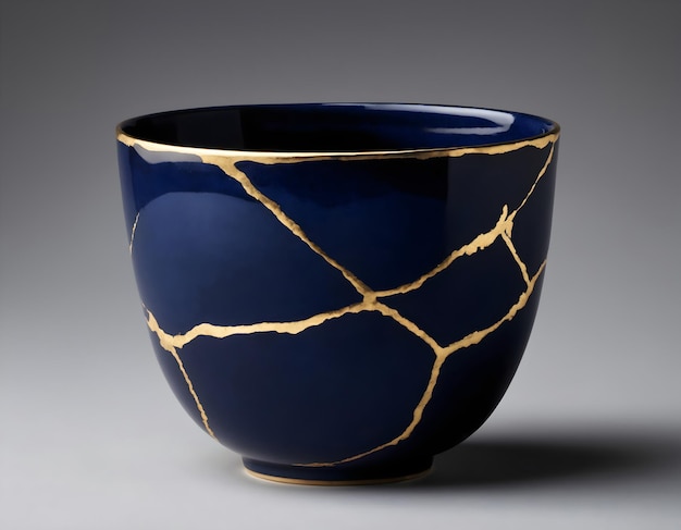 Foto kintsugi-geïnspireerde donkerblauwe beker die schijnt tegen een wit canvas