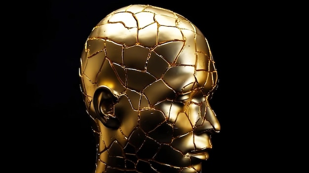 Kintsuki Japanese ceramic head glued with gold Concept of not constancy imperfection of world