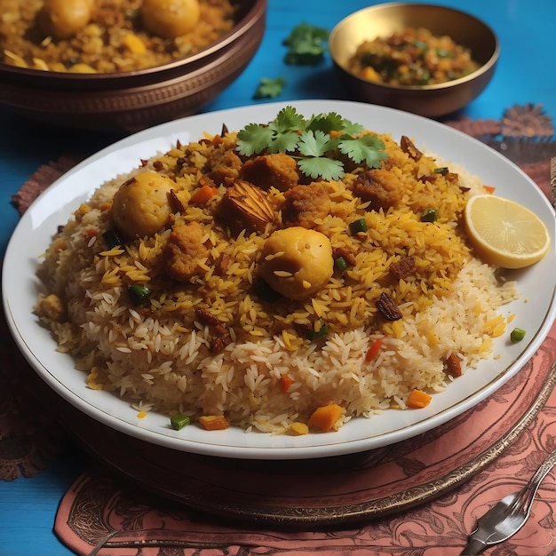 Foto kip biryani met gestoomde basmati rijst en voedsel achtergrond