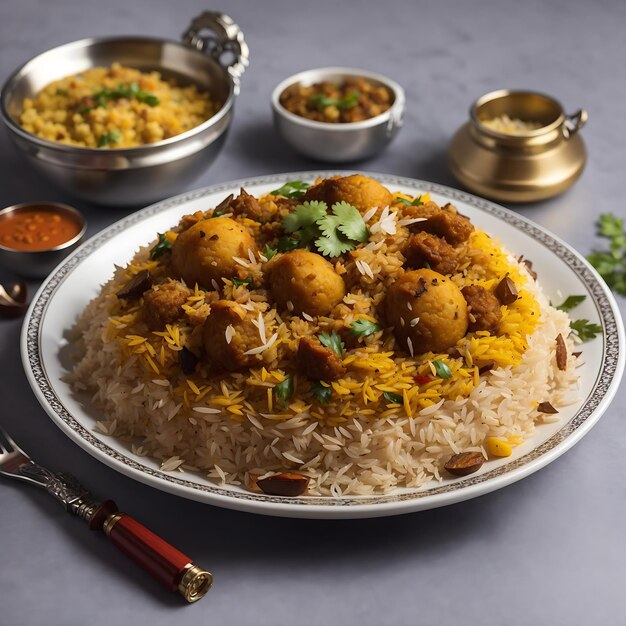 Foto kip biryani met gestoomde basmati rijst en voedsel achtergrond