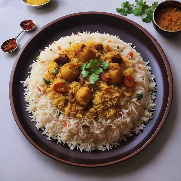 Foto kip biryani met gestoomde basmati rijst en voedsel achtergrond