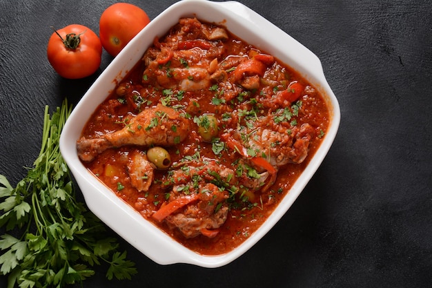 Kip cacciatore met paprika, tomaten, zwarte olijven. italiaans eten