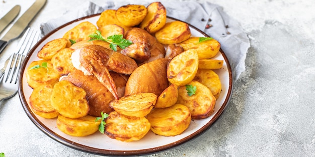 Kip en aardappelen gebakken vlees, gebakken groenten gebakken gevogelte stukjes biologisch, gezond gerecht op tafel