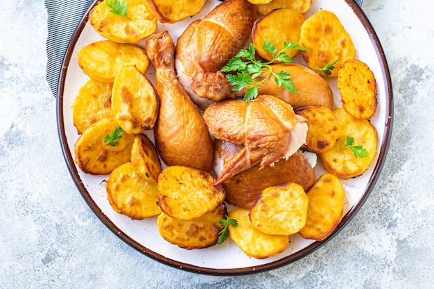 Foto kip en aardappelen gebakken vlees, gebakken groenten gebakken gevogelte stukjes biologisch, gezond gerecht op tafel