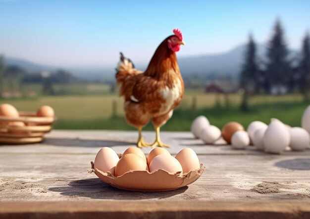 Foto kip en verse eieren op een houten tafel op een boerderij met groene velden op de achtergrond