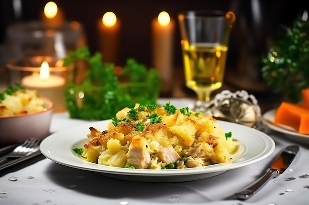 Kip en vulling casserole voor lunch thuis op de witte tafel en eetzaal achtergrond