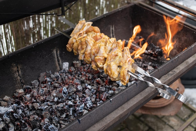 Kip gemarineerde vleesspiesjes op spiesen worden gebakken op vuur en kolen in de grill-barbecue