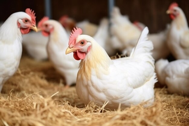 kip in een dorp op een miniboerderij hooi witte vleeskuikens