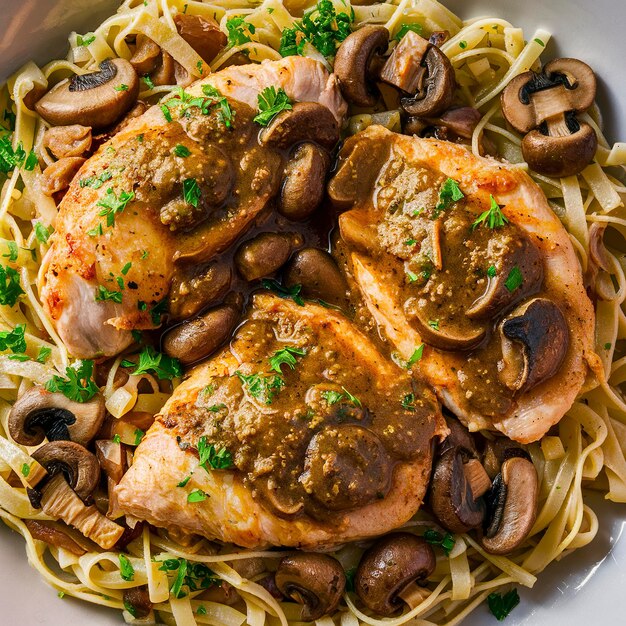 Kip marsala met paddenstoelen en linguine pasta