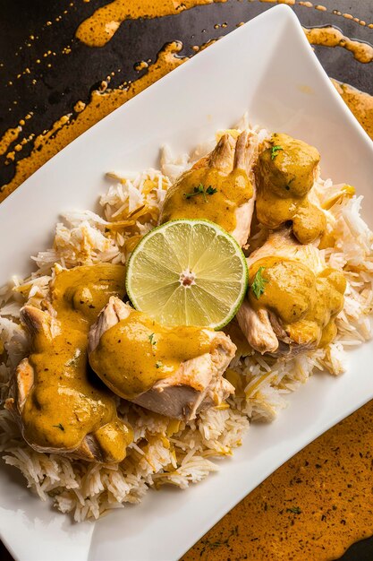 Kip met rijst, limoen en curry saus.