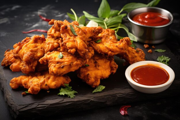 Kip Pakora gerecht met zoete chili saus op rustieke stenen plank