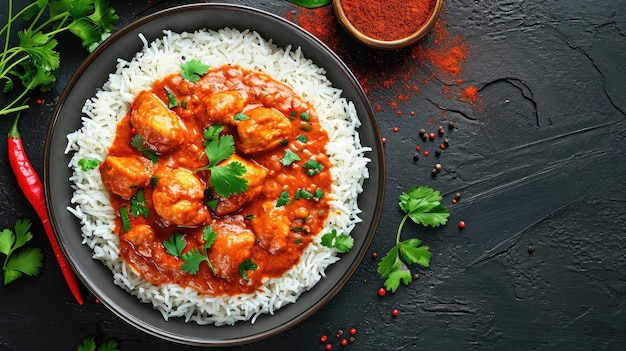 Kip tikka masala met rijst Aziatische Indiase gerecht Top view copy spac