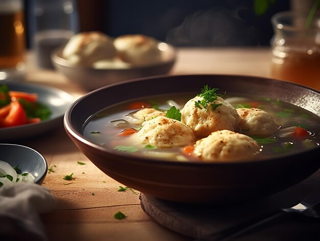 Kipensoep met dumplings gemaakt van matzo-meel Close Up Ai Generative